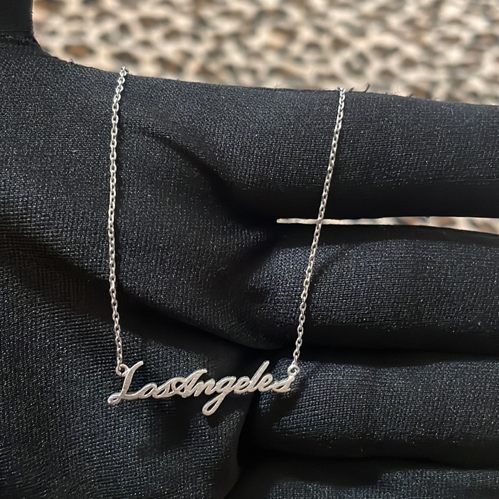 LOS ANGELES Script Pendant Necklace Silver Plated Brass Metal California Jewelry - Picture 5 of 10